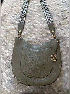 Authentic Henri Bendel olive green leather hobo crossbody bag webbed strap